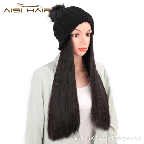Aisi Hair Synthetic Black Long Straight Silky Cap Hair Knit Slouchy Hat Fiber Hair Extension With Cap For Black White Women